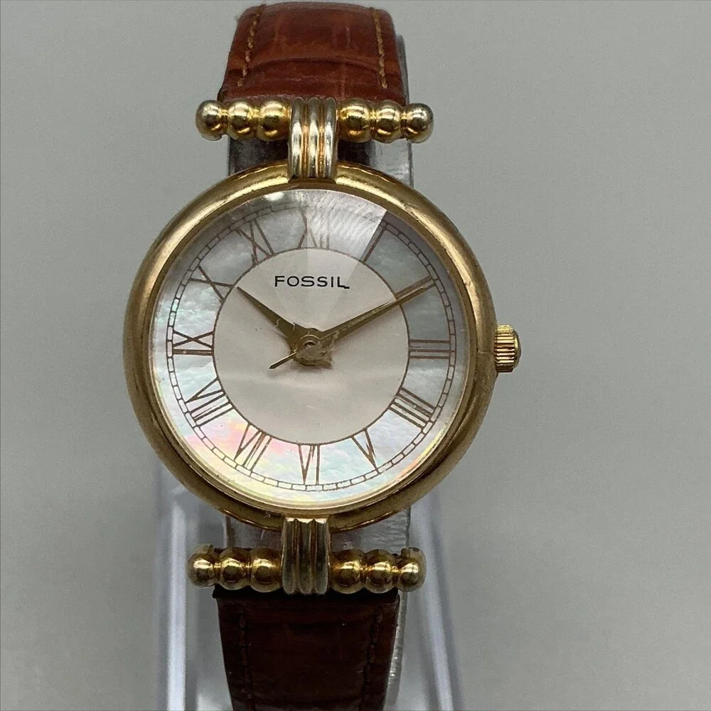 Vintage Fossil PC-9211 Womens Watch 27mm MOP Rivoli Brown Leather New Battery